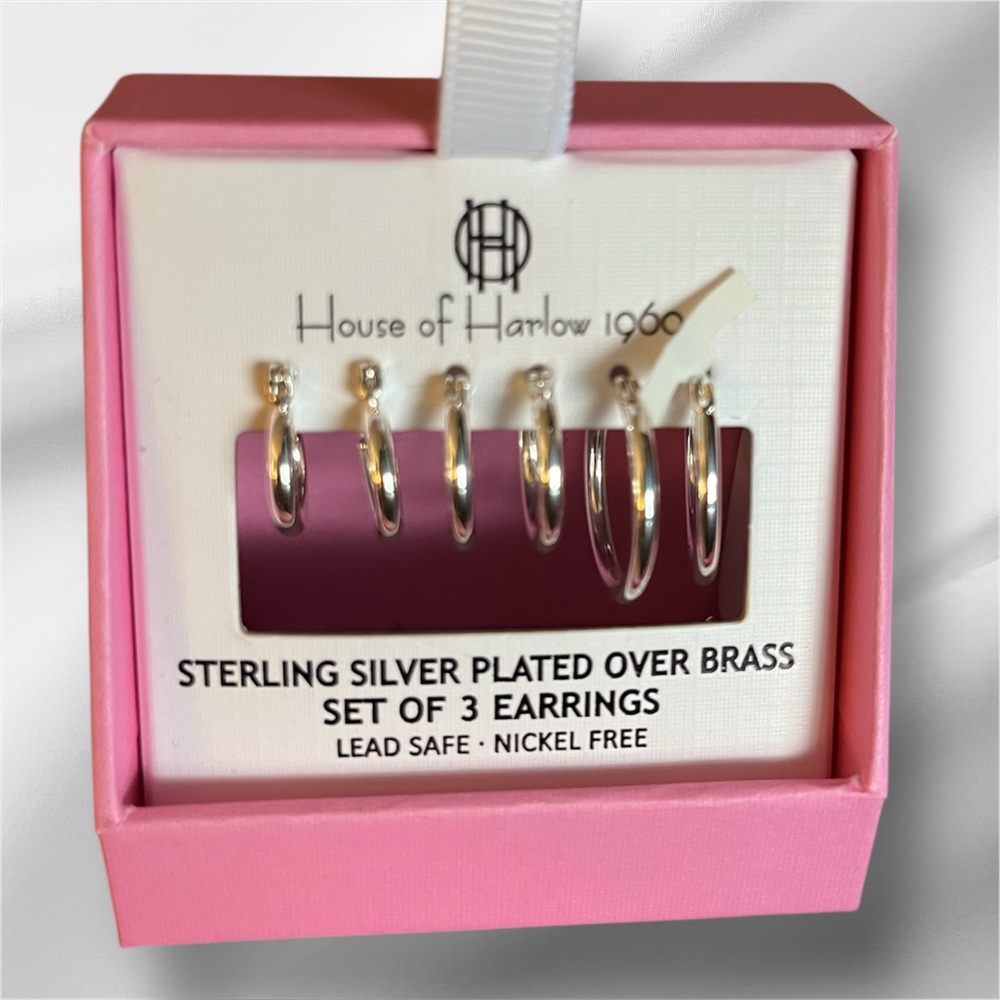 House of Harlow 1960 Shiny Silver Hoop Earrings Set